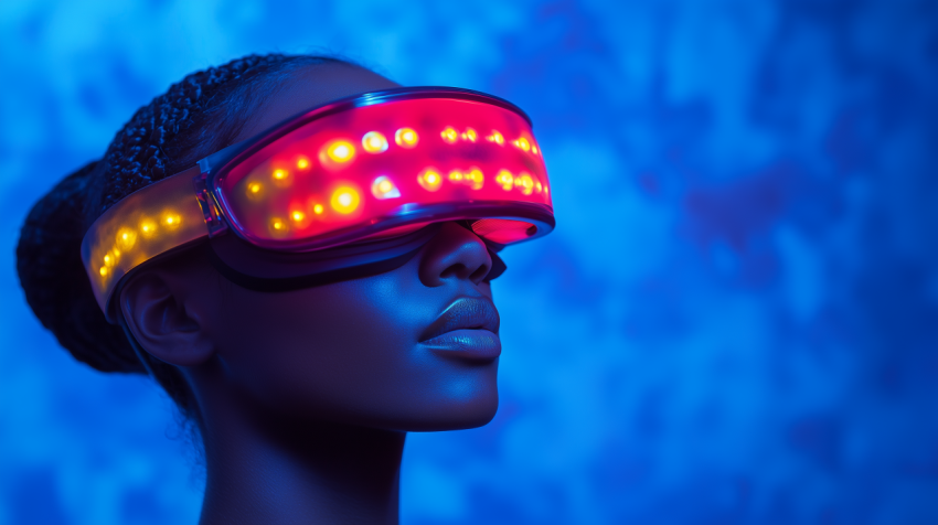 Woman wearing futuristic VR headset with LED lights