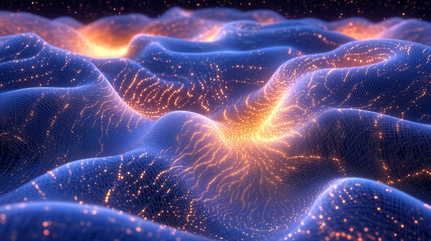 Abstract glowing particle waves in blue and orange