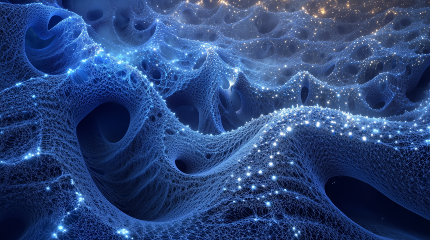 Blue digital mesh with glowing particles