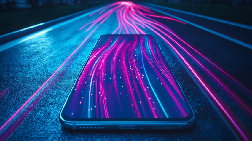 Smartphone with neon trails on road