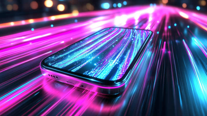 Smartphone with neon data streaks