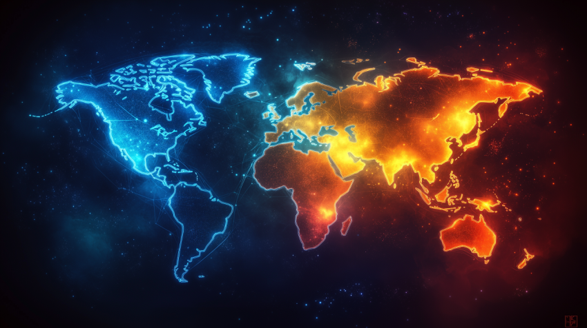 World map with blue and orange glow