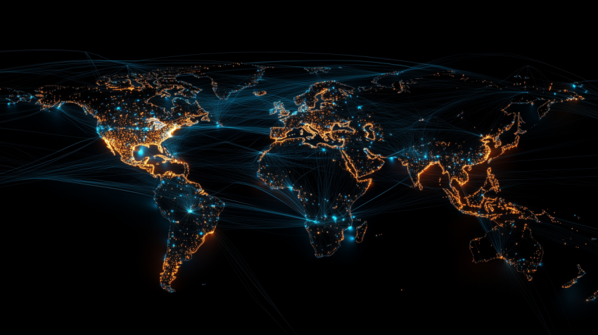 Global digital network map with glowing nodes