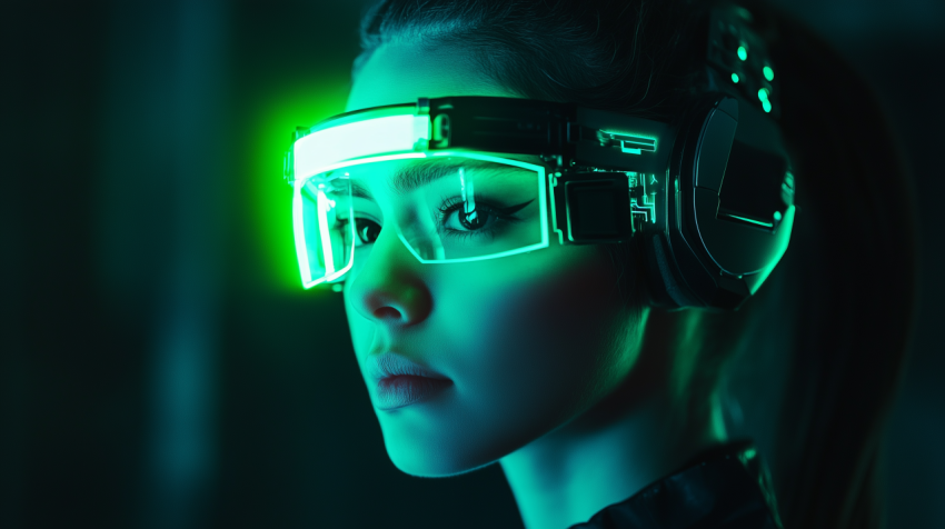 Woman wearing futuristic neon visor