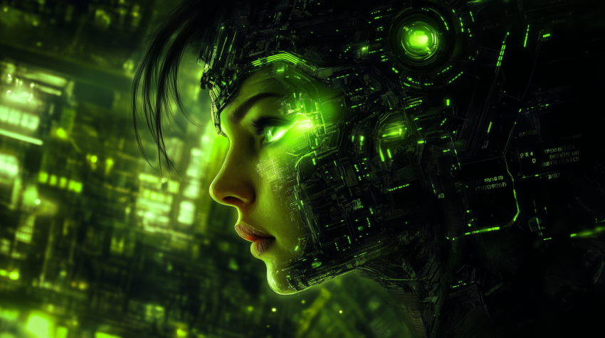 Cybernetic woman with green neon interface