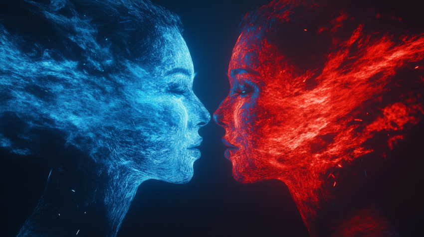 Abstract Red and Blue Faces in Profile