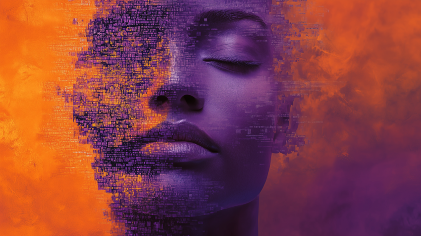 Abstract Digital Face in Orange and Purple