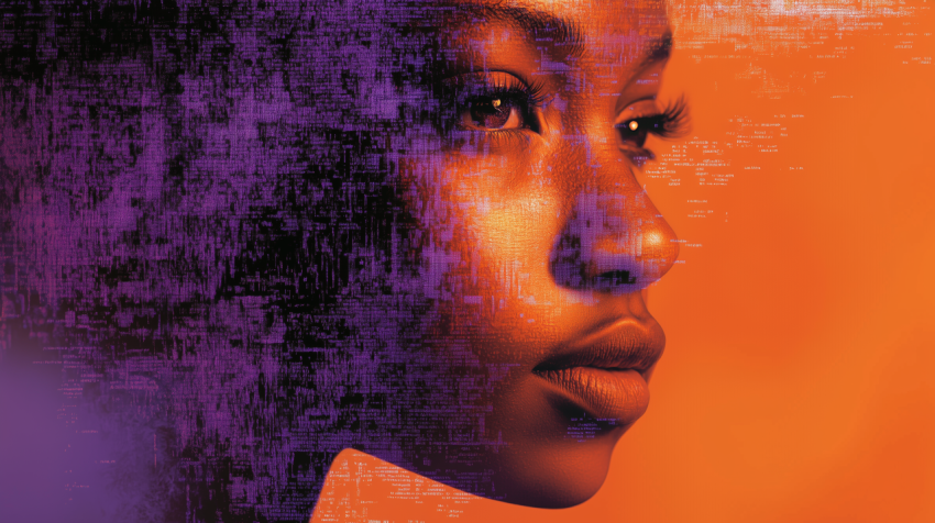 Abstract Portrait with Digital Glitch Effect in Purple and Orange