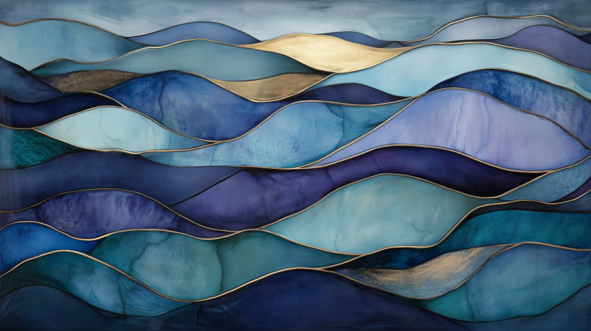 Abstract Blue and Gold Layered Wave Art