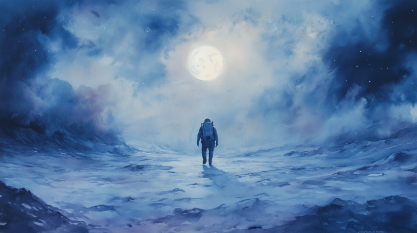 Astronaut Beneath a Full Moon on a Misty Terrain