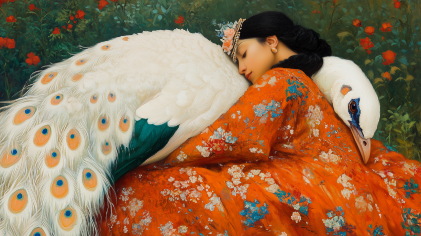 Woman Embracing White Peacock in Floral Dress