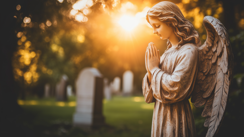 Praying Angel Statue in Sunlit Cemetery