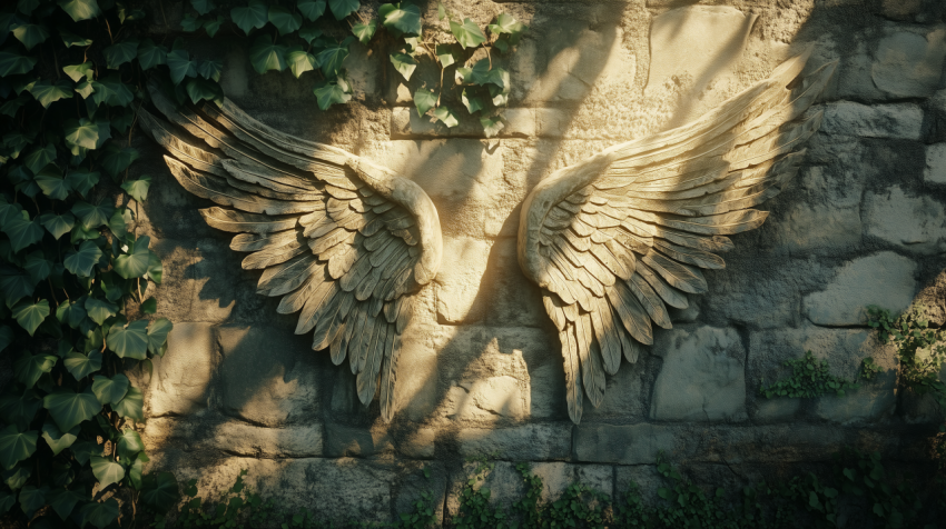 Stone Angel Wings Wall Sculpture with Ivy