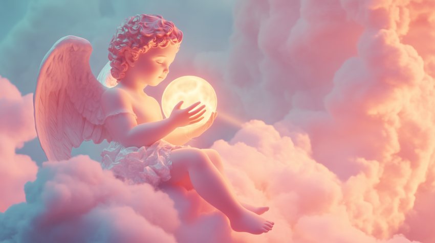 Angelic Child Holding Glowing Moon in Clouds