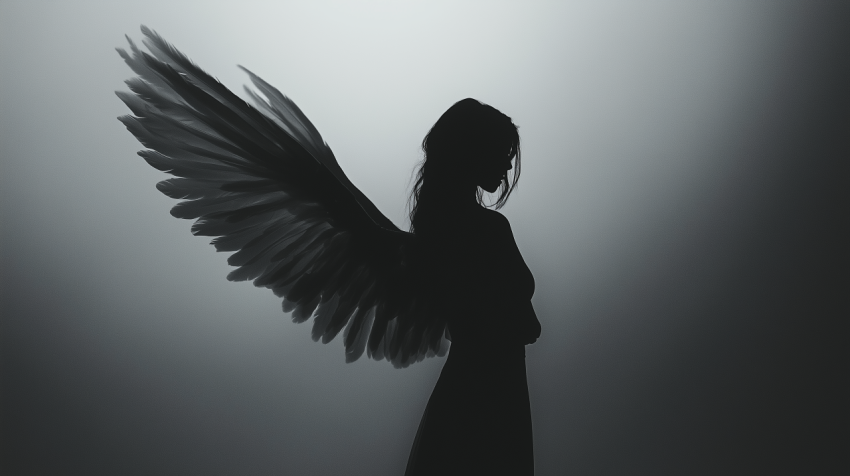 Silhouette of Angelic Figure with Wings Monochrome