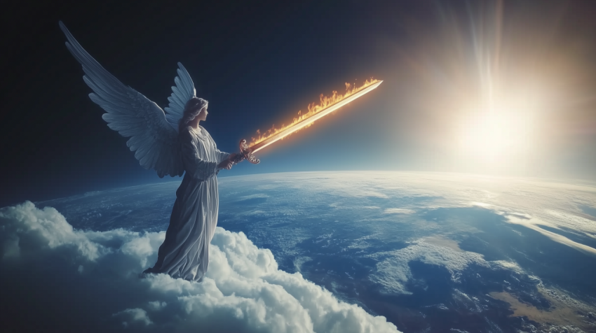 Angel Holding Flaming Sword Above Earth