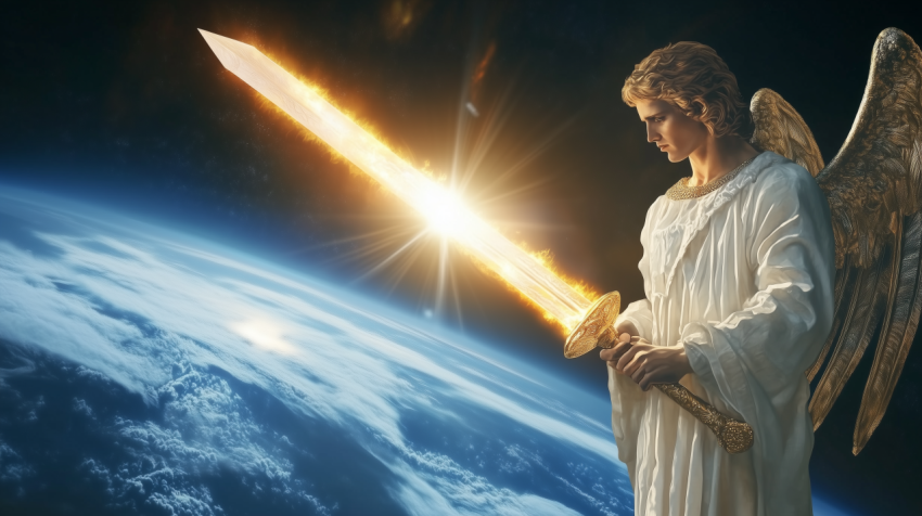 Angel with Flaming Sword Over Earth