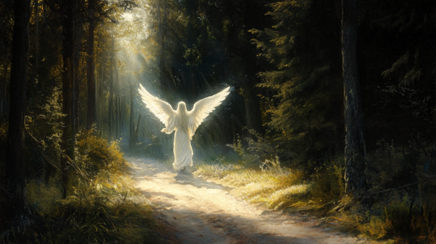 Angelic Figure in Sunlit Forest Path