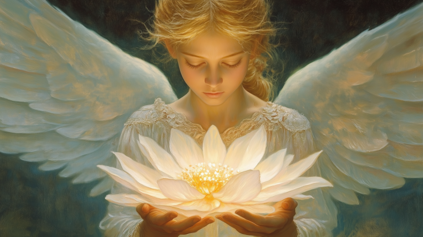 Angel Holding Glowing White Lotus Flower