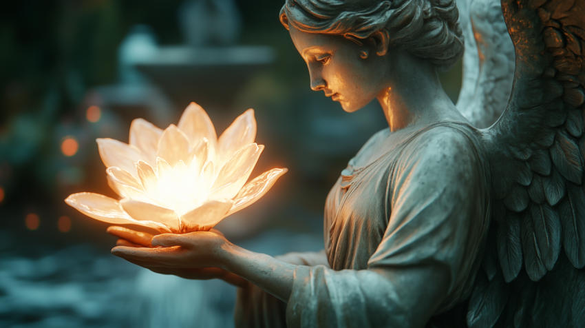 Angel Statue Holding Illuminated Lotus Flower