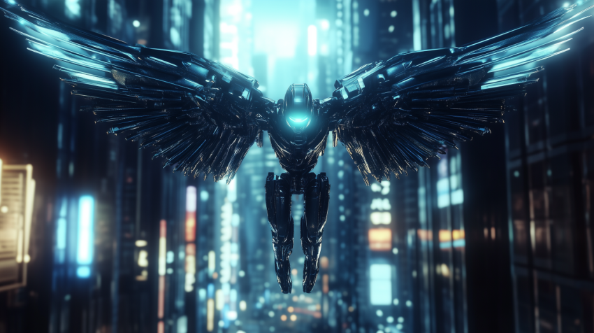 Futuristic Flying Robot with Mechanical Wings in Cityscape