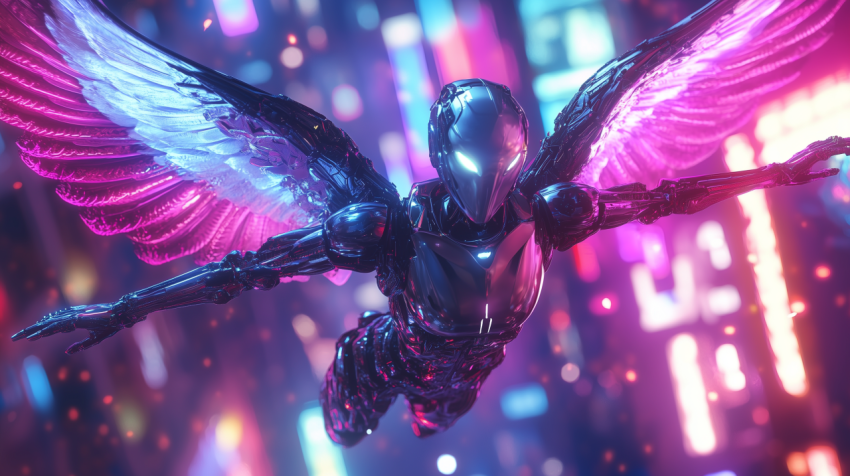 Futuristic Cybernetic Angel with Neon Wings in Cityscape