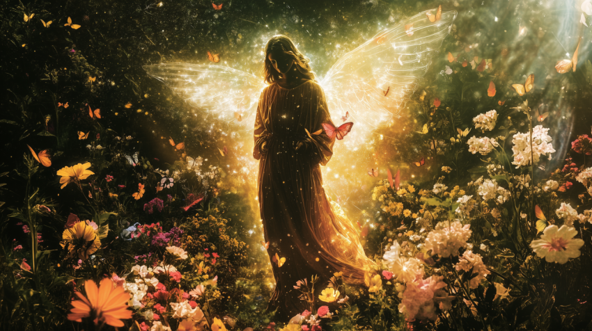 Ethereal Woman with Glowing Wings in Magical Flower Garden