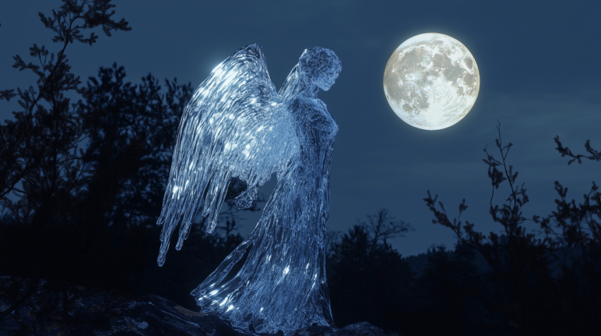 Crystal Angel Sculpture Under Full Moonlight