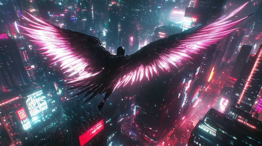 Cyberpunk Angel Over Neon Cityscape