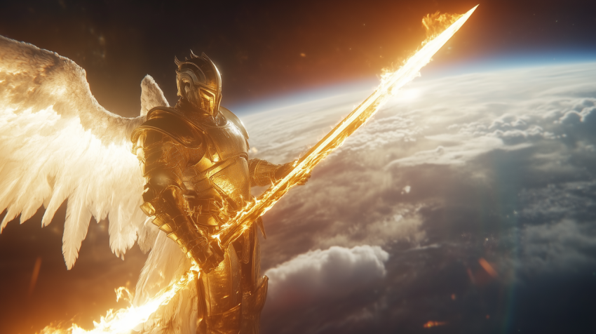 Winged Armored Warrior with Fiery Spear in Space