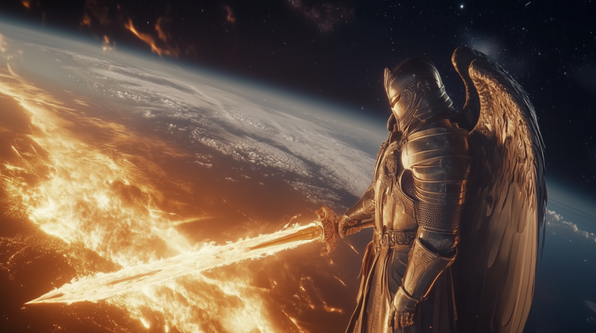 Armored Angelic Warrior with Fiery Sword over Earth