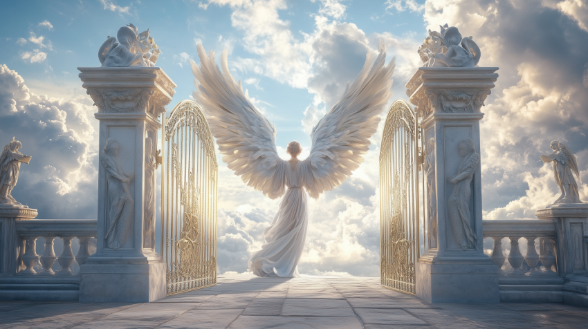 Angel at Golden Gates in Heavenly Clouds