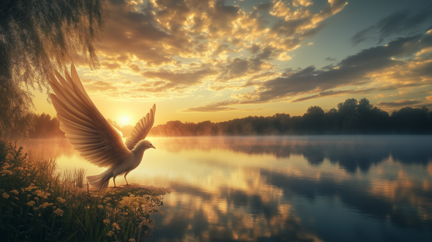 Serene Dove by Lakeside at Sunrise