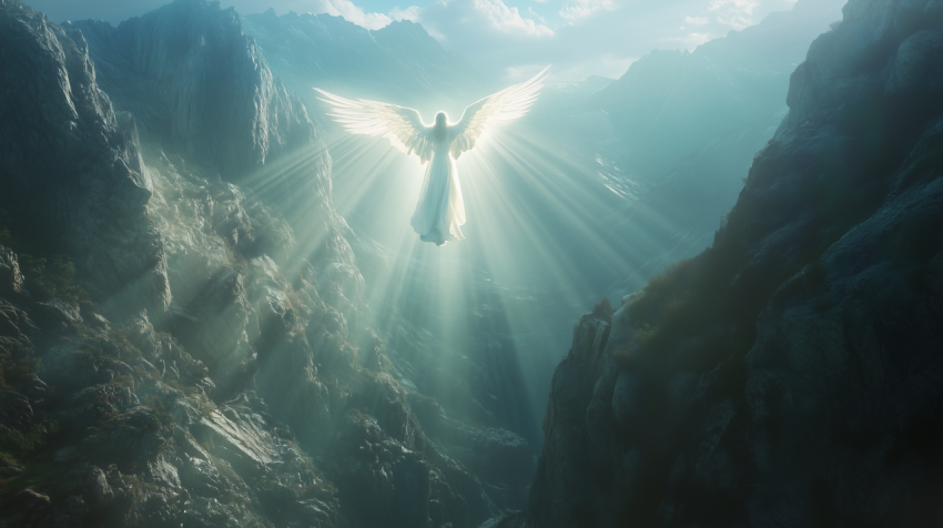 Radiant Angel Hovering Over Mountain Valley