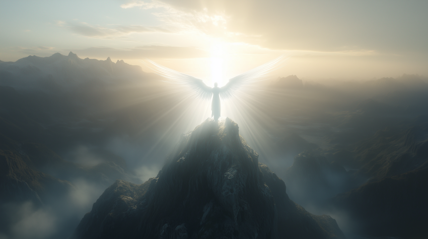 Angelic Figure on Mountain Peak with Radiant Light