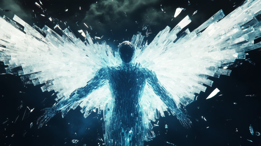 Shattered Glass Angel Figure in Blue Light