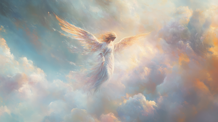 Ethereal Angel in Pastel Cloudscape