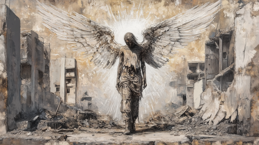 Angel with Wings in War Ruins