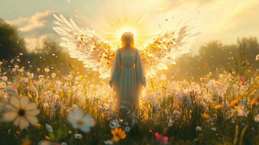 Angel in Sunlit Flower Field