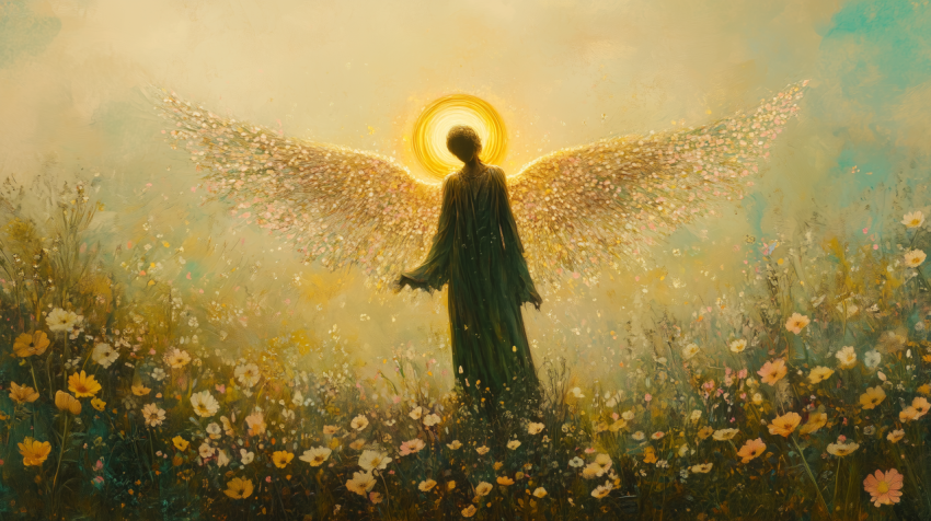 Ethereal Angel with Radiant Halo in Flower Field