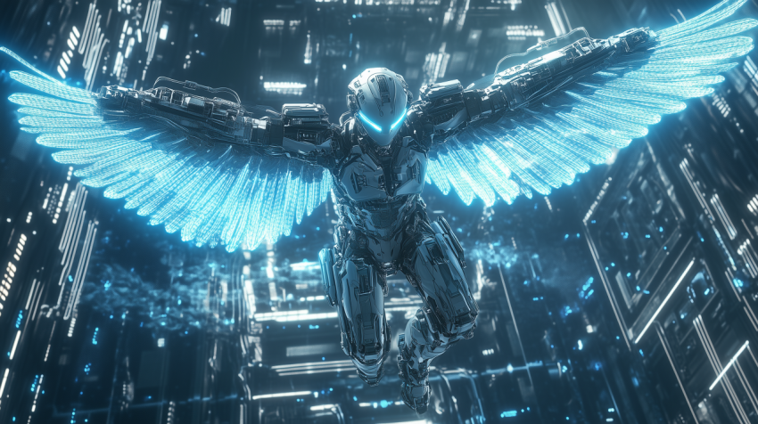 Cybernetic Angel with Glowing Wings in Futuristic City