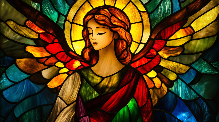 Stained Glass Angel with Radiant Wings