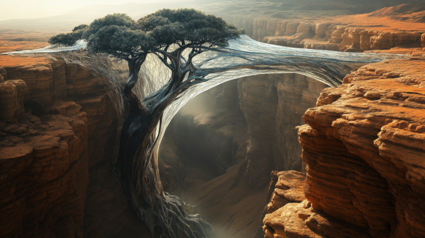 Tree Bridge Over Canyon in Desert Landscape