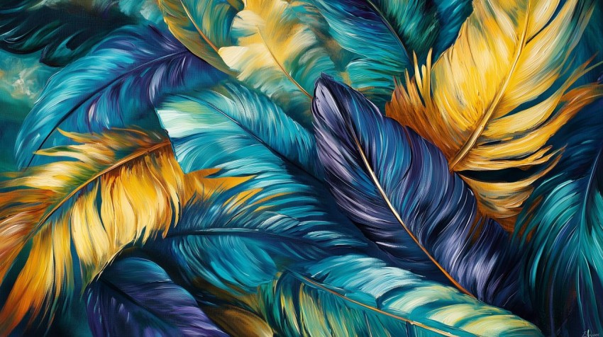 Colorful Abstract Feather Pattern in Blue and Yellow