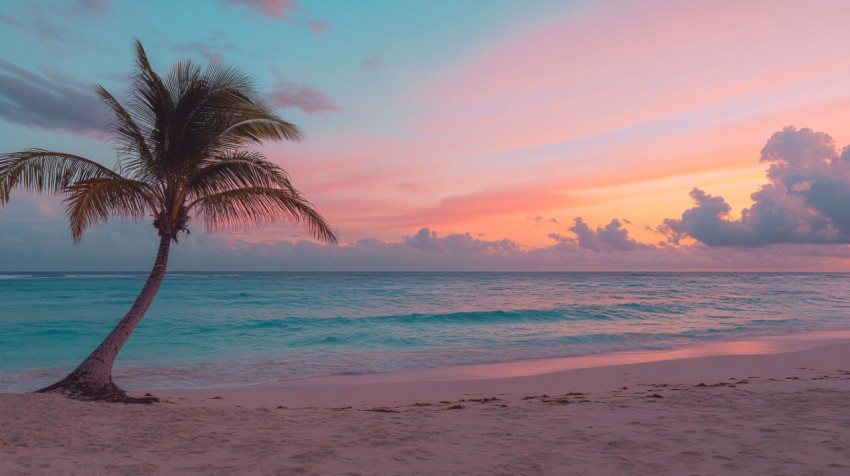 Caribbean Sunset with Palm Tree and Turquoise Sea