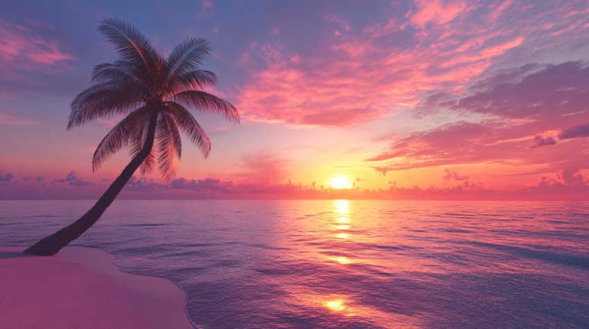 Colorful Caribbean Sunset with Palm Tree and Ocean