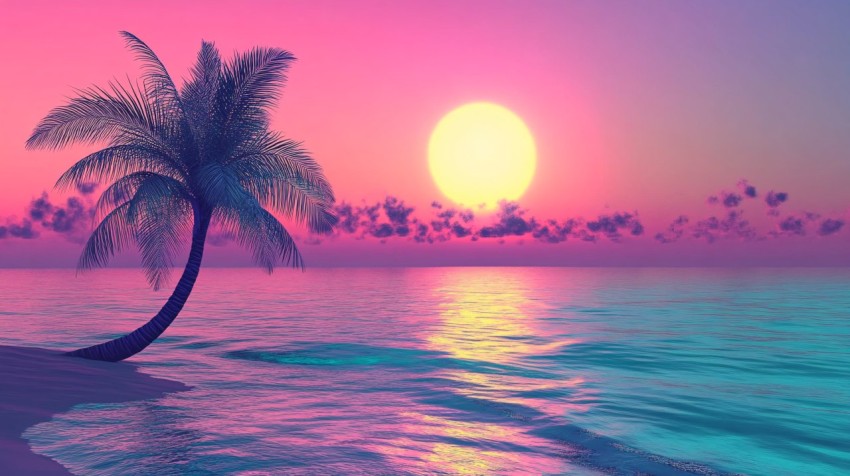 Caribbean Beach Sunset with Palm Tree and Turquoise Water