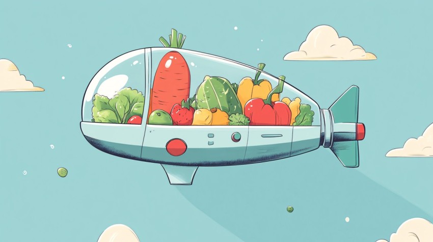 Ziploc Spaceship Cartoon with Fruit and Vegetable Crew