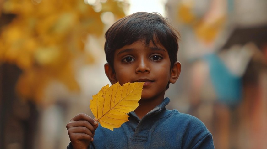 Child Holding a Yellow Autumn Leaf Outdoors