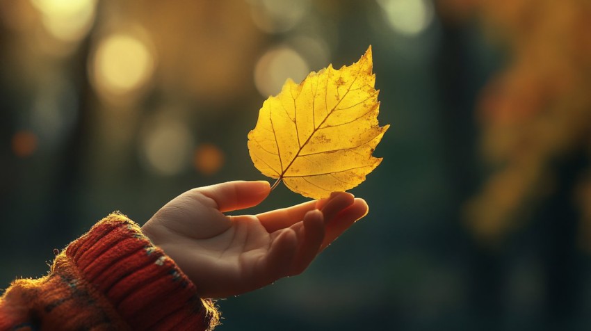 Child Holding Yellow Leaf in Autumn Scene